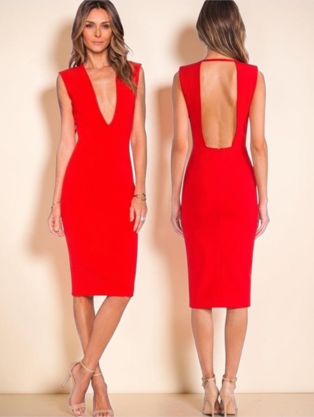 SOLACE LONDON Grace Plunging V-neck Midi Pencil Dress - Size 2